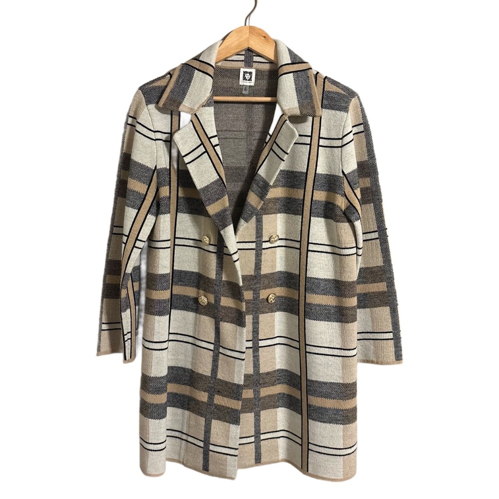 Anne Klein Women’s Camel Tartan Plaid Cardigan Coat Open Notch Lapel Size M